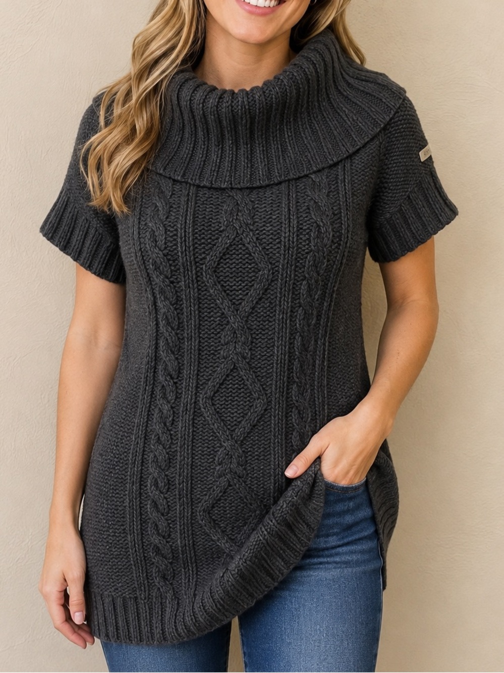 Columbia Women’s Size M Grey Cabled Cutie Tunic Sweater Cowl Wool Blend Knit